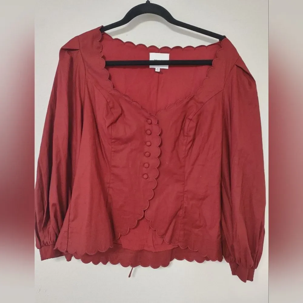 Reformation Elianna Burgundy Scalloped Button Blouse size 10 T2